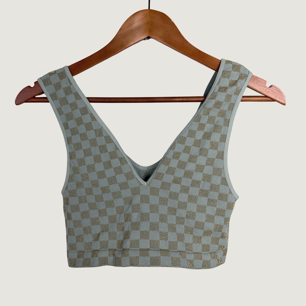 Free People Crop Top M Green Gold Checkered Metallic Intimately V-Neck Knit
